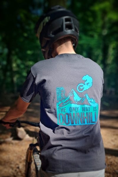 Stunning MBT T-shirt Blue on Black with ion the back The only way is downhill